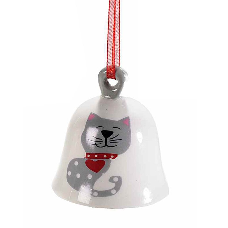 Clopotel suspendabil din ceramica alba rosie gri model Pisica Ø 5x5 cm