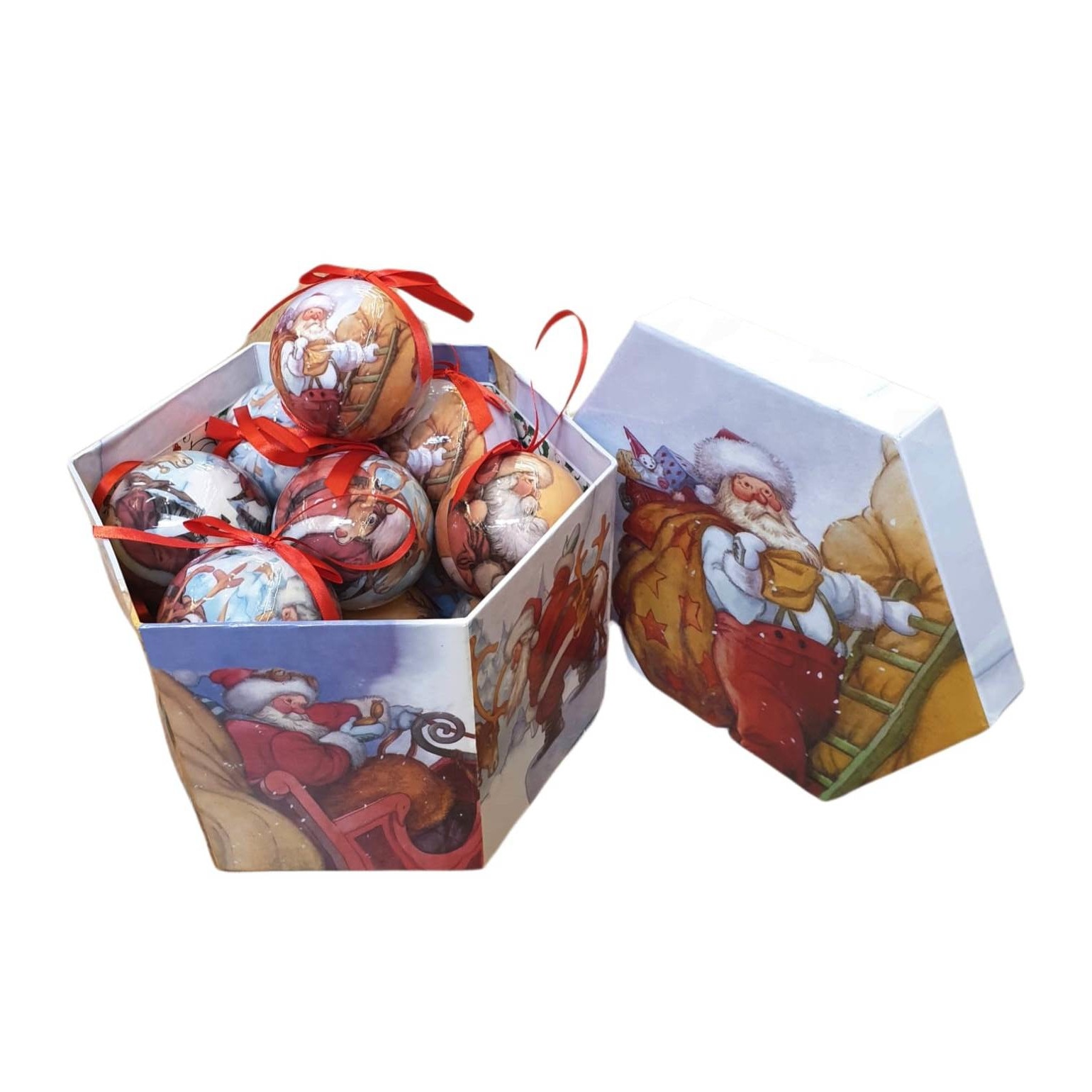 Set 14 globuri de craciun cu design Mos craciun pe scara in cutie de cadou, 7cm