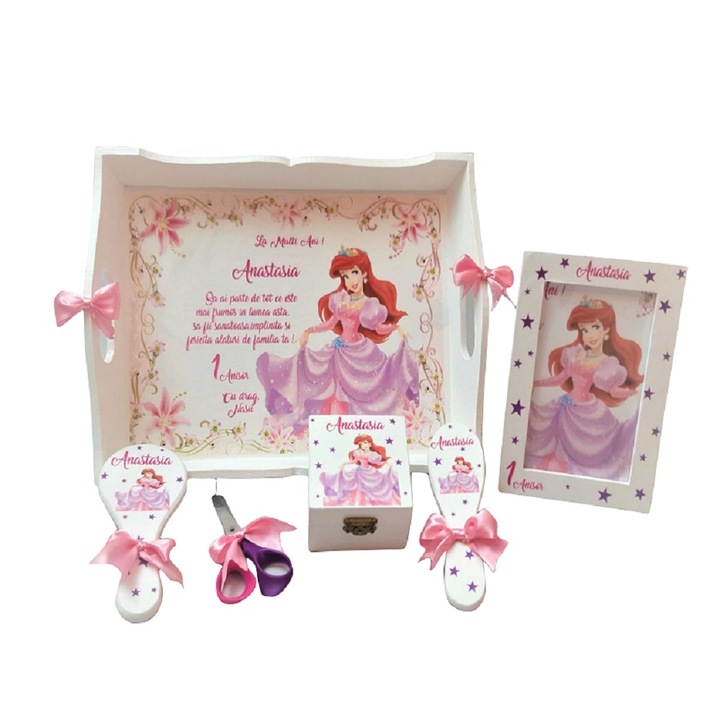 Set 6 articole pentru aniversare 1An, Tavita Mot,model Printesa Ariel,personalizat,Multicolor