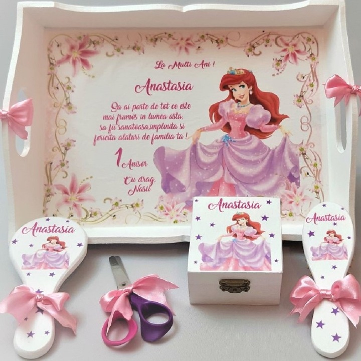 Set 6 articole pentru aniversare 1An, Tavita Mot,model Printesa Ariel,personalizat,Multicolor