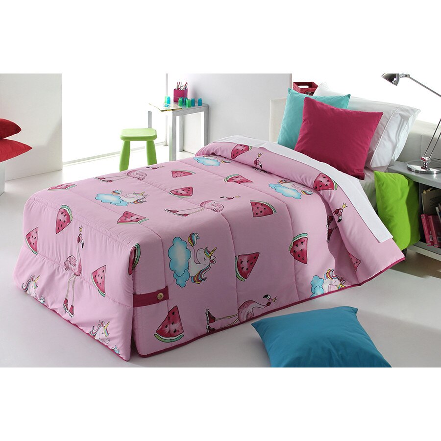 Set Cuvertura matlasata Pink si 1 perna decorativa, Reig Marti, roz, unicorn, dimensiune 190 cm x 270 cm