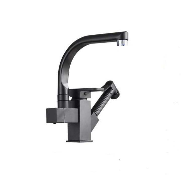 Смесител за кухня AquaSpa, Двоен, С въртящ се чучур и разтегателен душ, LED, Въртене на 360°