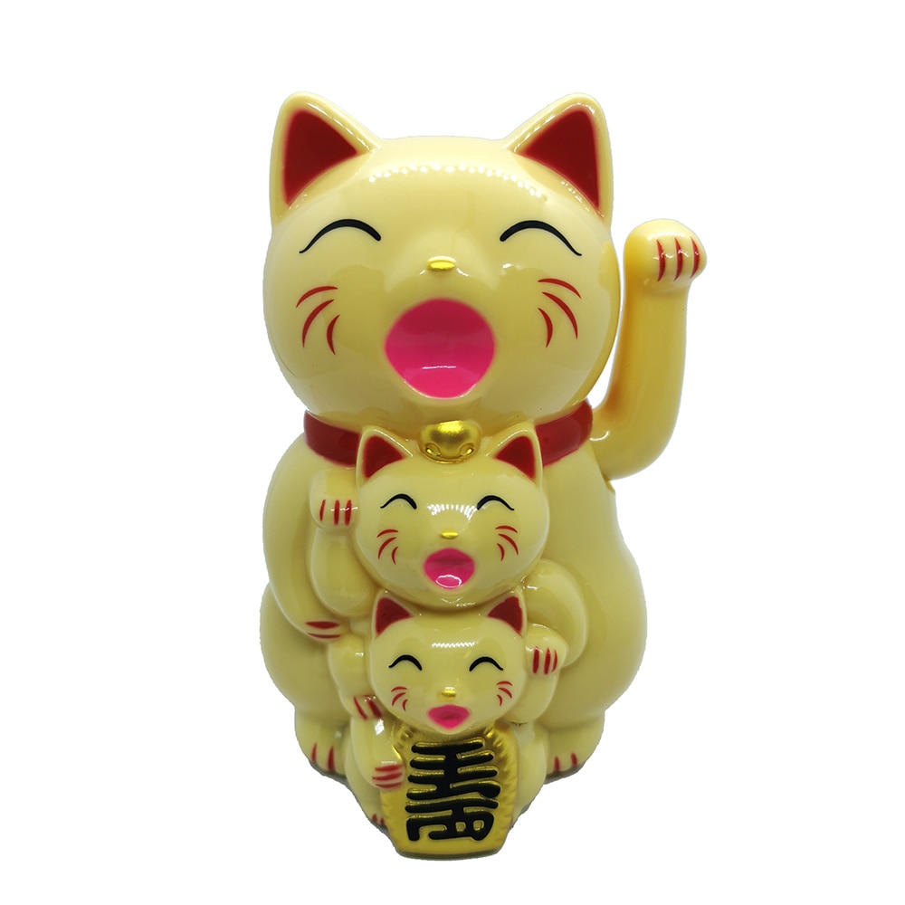 Pisica Maneki Neko bej cu pui, remediu Feng Shui din plastic, 70 mm lungime