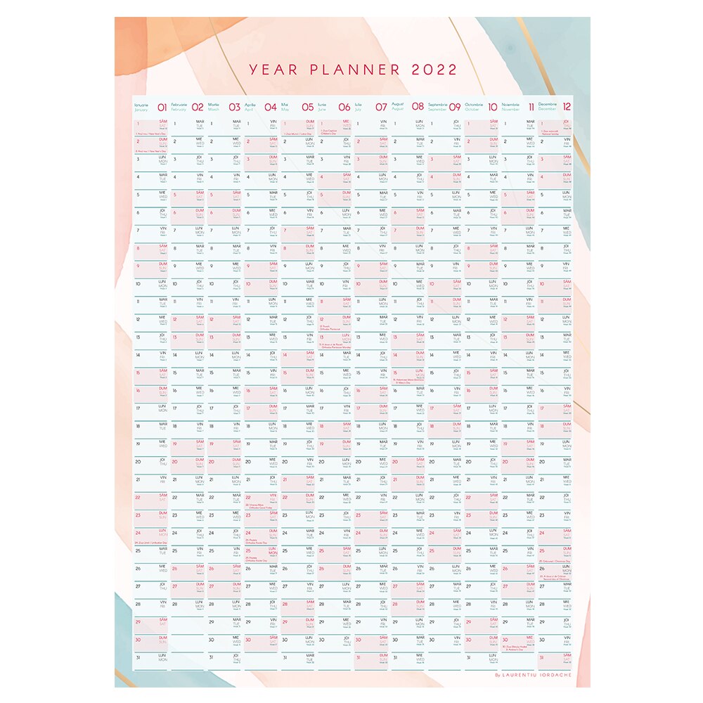 Calendar Planner Anual Water Colors A2 vertical 2022 romana/engleza