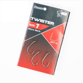 Set 10 Carlige de pescuit NASH Carp PINPOINT TWISTER Barbed & Barbless, Marimea 7 Set 10 Carlige de pescuit NASH Carp PINPOINT TWISTER Barbed & Barbless, Marimea 7