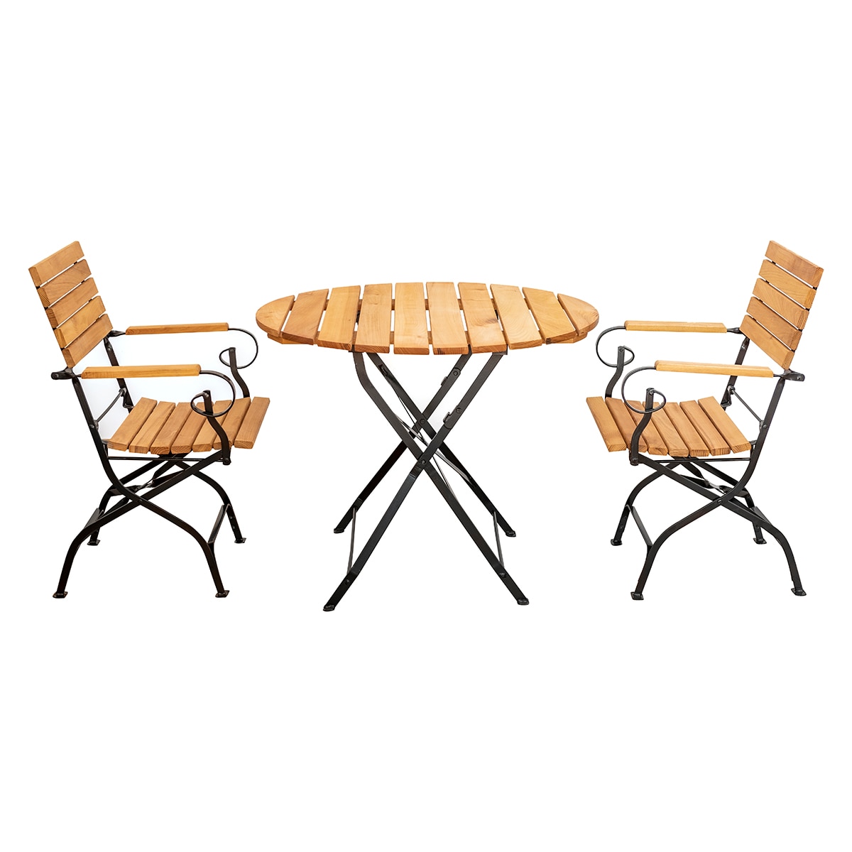 Set mobilier Bistro Florenz pentru gradina sau terasa, o masa rotunda 92 cm si doua scaune, din lemn de salcam, culoare natur