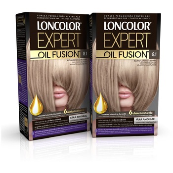 Pachet promo: Vopsea de par permanenta Loncolor Expert Oil Fusion 8.1 Blond Cenusiu Deschis, 200 ml x 2 bucati Pachet promo: Vopsea de par permanenta Loncolor Expert Oil Fusion 8.1 Blond Cenusiu Deschis, 200 ml x 2 bucati