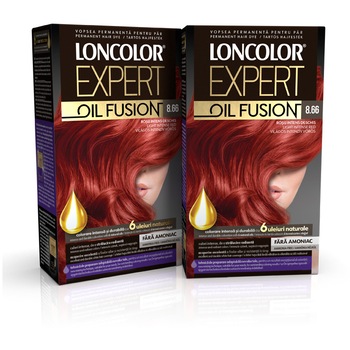 Pachet promo: Vopsea de par permanenta Loncolor Expert Oil Fusion 8.66 Rosu Intens Deschis, 200 ml x 2 bucati Pachet promo: Vopsea de par permanenta Loncolor Expert Oil Fusion 8.66 Rosu Intens Deschis, 200 ml x 2 bucati