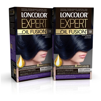 Pachet promo: Vopsea de par permanenta Loncolor Expert Oil Fusion 1.9 Negru Albastrui, 200 ml x 2 bucati Pachet promo: Vopsea de par permanenta Loncolor Expert Oil Fusion 1.9 Negru Albastrui, 200 ml x 2 bucati