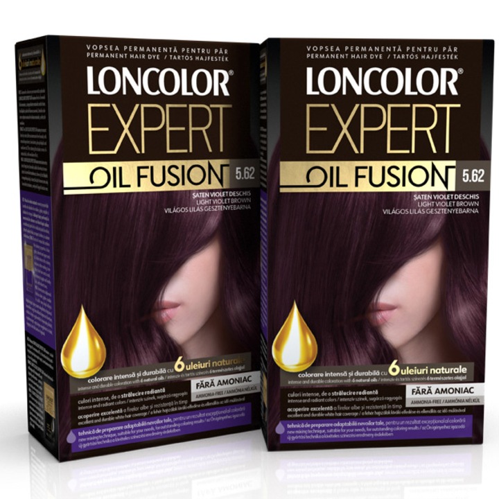 Pachet: Vopsea de par permanenta Loncolor Expert Oil Fusion 5.62 Saten violet deschis, 200 ml x 2 bucati