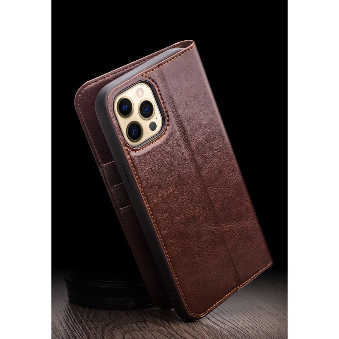 Husa pentru iPhone 13 Pro Max, Qialino Classic Wallet, din piele fina tip carte, cu buzunare carduri si bani, culoare Maro coffee