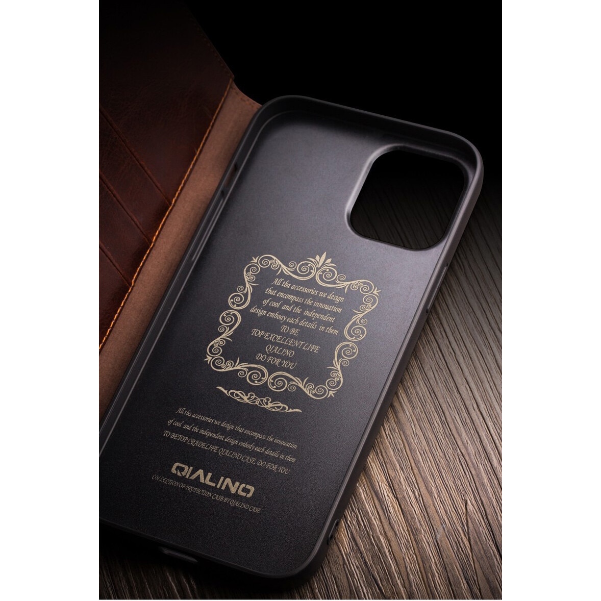 Husa pentru iPhone 13 Pro Max, Qialino Classic Wallet, din piele fina tip carte, cu buzunare carduri si bani, culoare Maro coffee