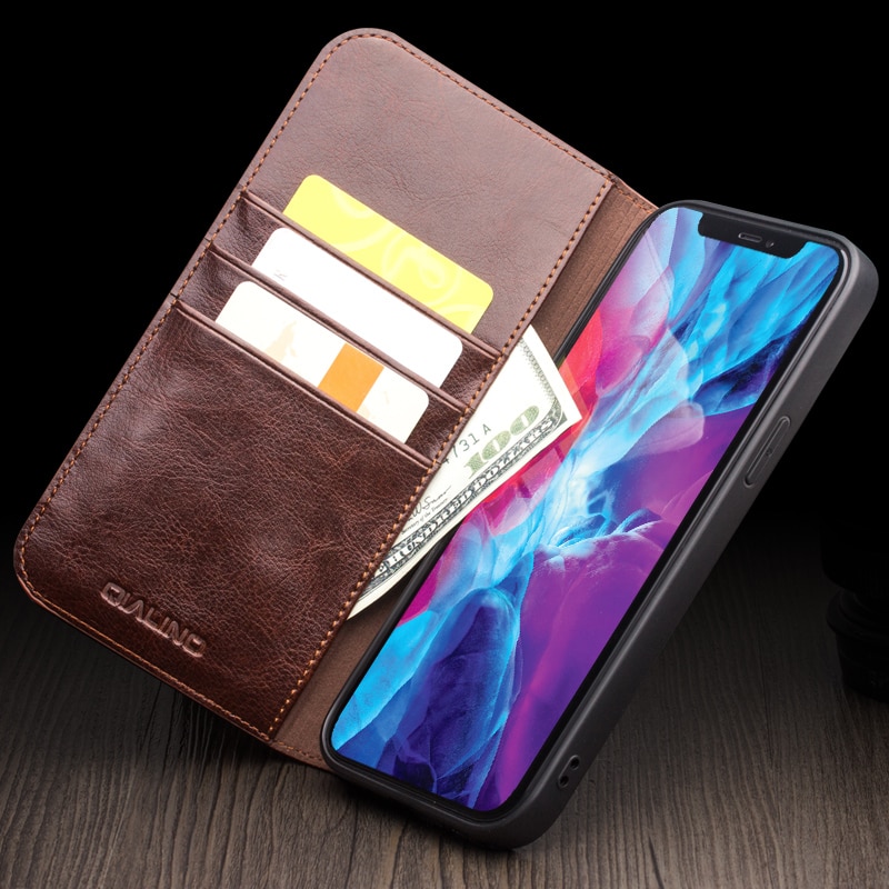 Husa pentru iPhone 13 Pro Max, Qialino Classic Wallet, din piele fina tip carte, cu buzunare carduri si bani, culoare Maro coffee