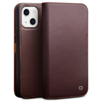 Husa pentru iPhone 13 Mini, Qialino Business Classic, din piele naturala, tip carte, cu buzunare carduri, stand, culoare Maro coffee Husa pentru iPhone 13 Mini, Qialino Business Classic, din piele naturala, tip carte, cu buzunare carduri, stand, culoare Maro coffee