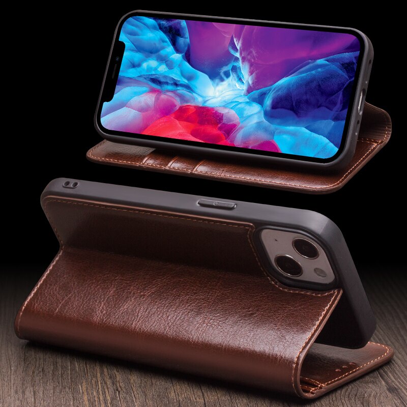 Husa pentru iPhone 13 Pro Max, Qialino Classic Wallet, din piele fina tip carte, cu buzunare carduri si bani, culoare Maro coffee