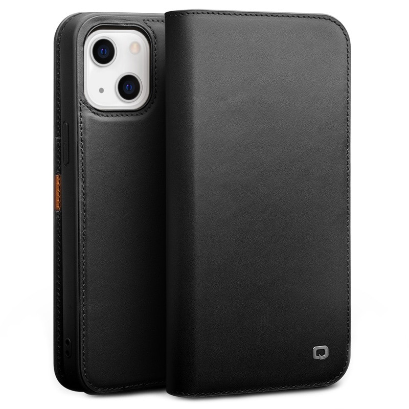 Husa pentru iPhone 13, Qialino Business Classic, din piele naturala, tip carte, cu buzunare carduri, stand, culoare Negru