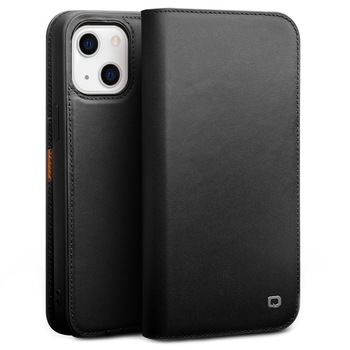 Husa pentru iPhone 13, Qialino Business Classic, din piele naturala, tip carte, cu buzunare carduri, stand, culoare Negru Husa pentru iPhone 13, Qialino Business Classic, din piele naturala, tip carte, cu buzunare carduri, stand, culoare Negru