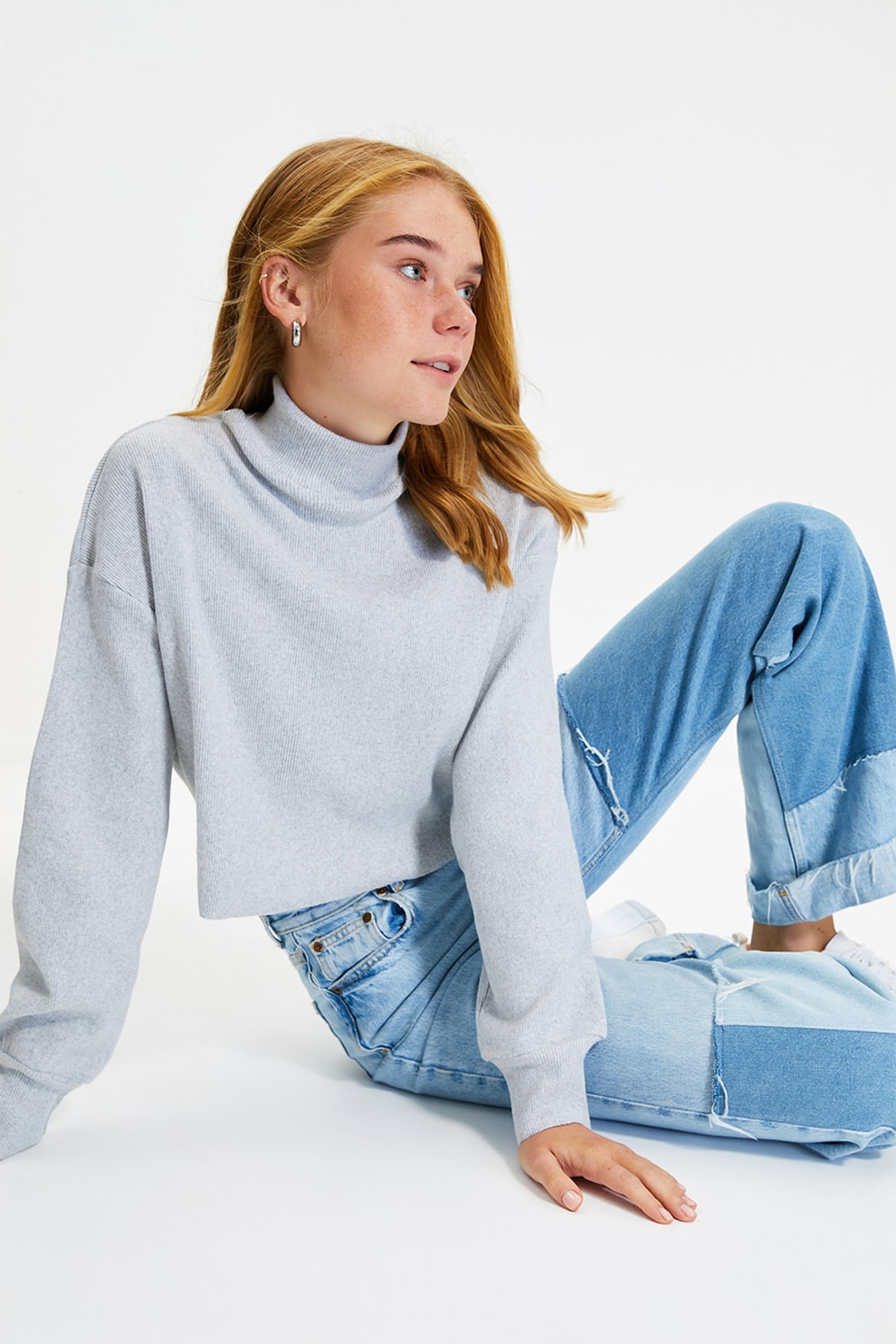 Trendyol, Pulover cu guler mediu, Gri melange