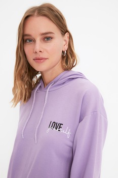 Trendyol, Hanorac lung cu snur si buzunar kangaroo, Lila Trendyol, Hanorac lung cu snur si buzunar kangaroo, Lila