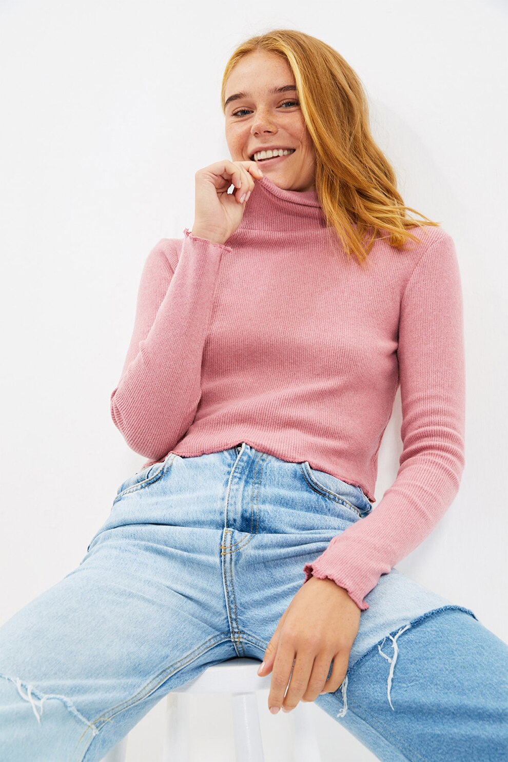 Trendyol, Pulover crop cu aspect striat, Roz