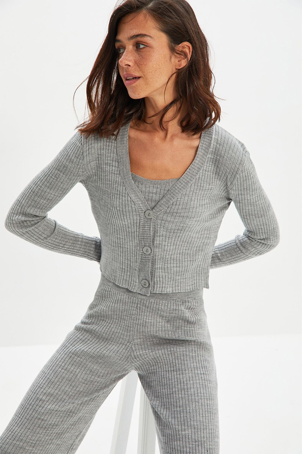 Trendyol, Set de imbracaminte cu aspect striat - 3 piese, Gri melange