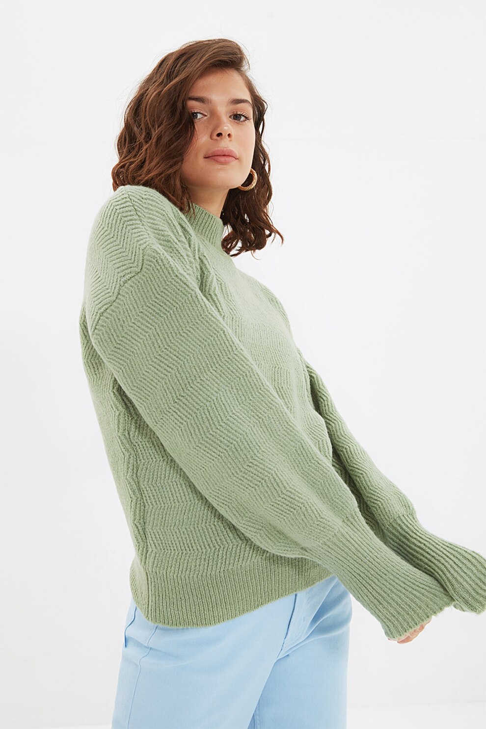 Trendyol, Pulover cu aspect texturat, Verde menta, L