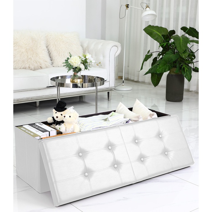 Banca 2 locuri cu spatiu depozitare, 100 L, Capac pliabil, Alb, 80 x 40 x 40 cm