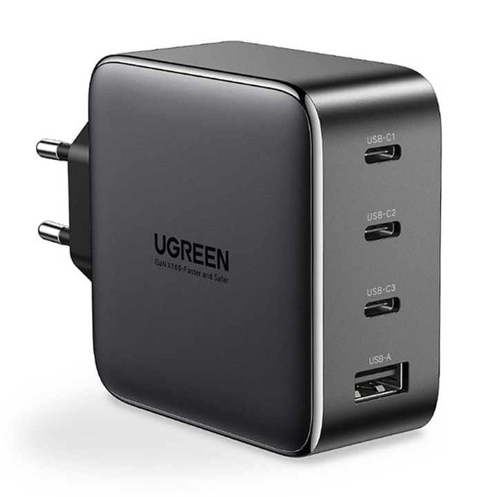 Гнездо за зарядно устройство Ugreen GaN бързо зарядно устройство 3x USB Typ C / USB Power Delivery 3.0 QuickCharge 4+ FCP SCP AFC 100W EU черно (CD226 40747)