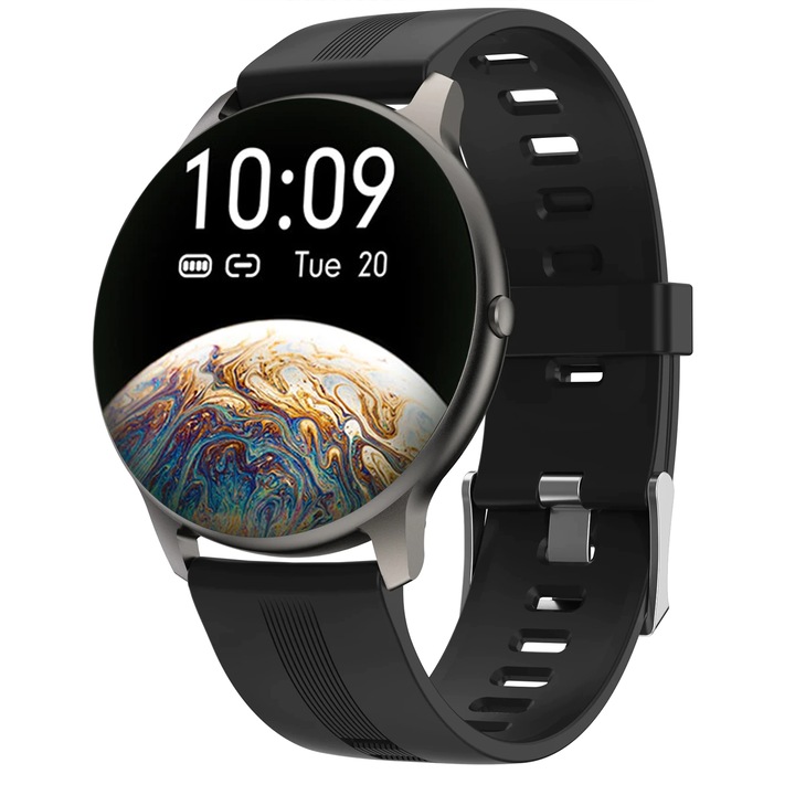Ceas SmartWatch ISP LikeSmart™​​​​​​​ eXtremeFiT, 1.28" IPS Ultra Subtire, Oximetru SpO2, Notificari, Monitorizare Ritm Cardiac si Tensiune Arteriala, Silicon Black