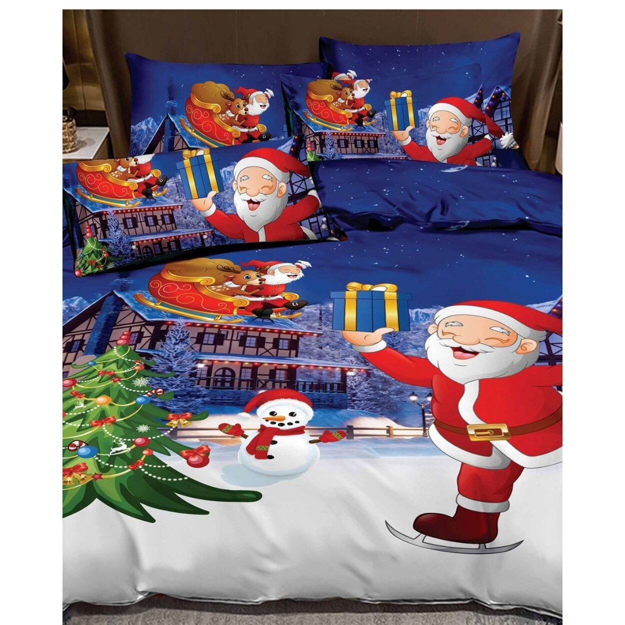 Set Lenjerie Finet Mos Craciun, 6 Piese, Pat 2 Persoane, Christmas Sleight, FNFC-03