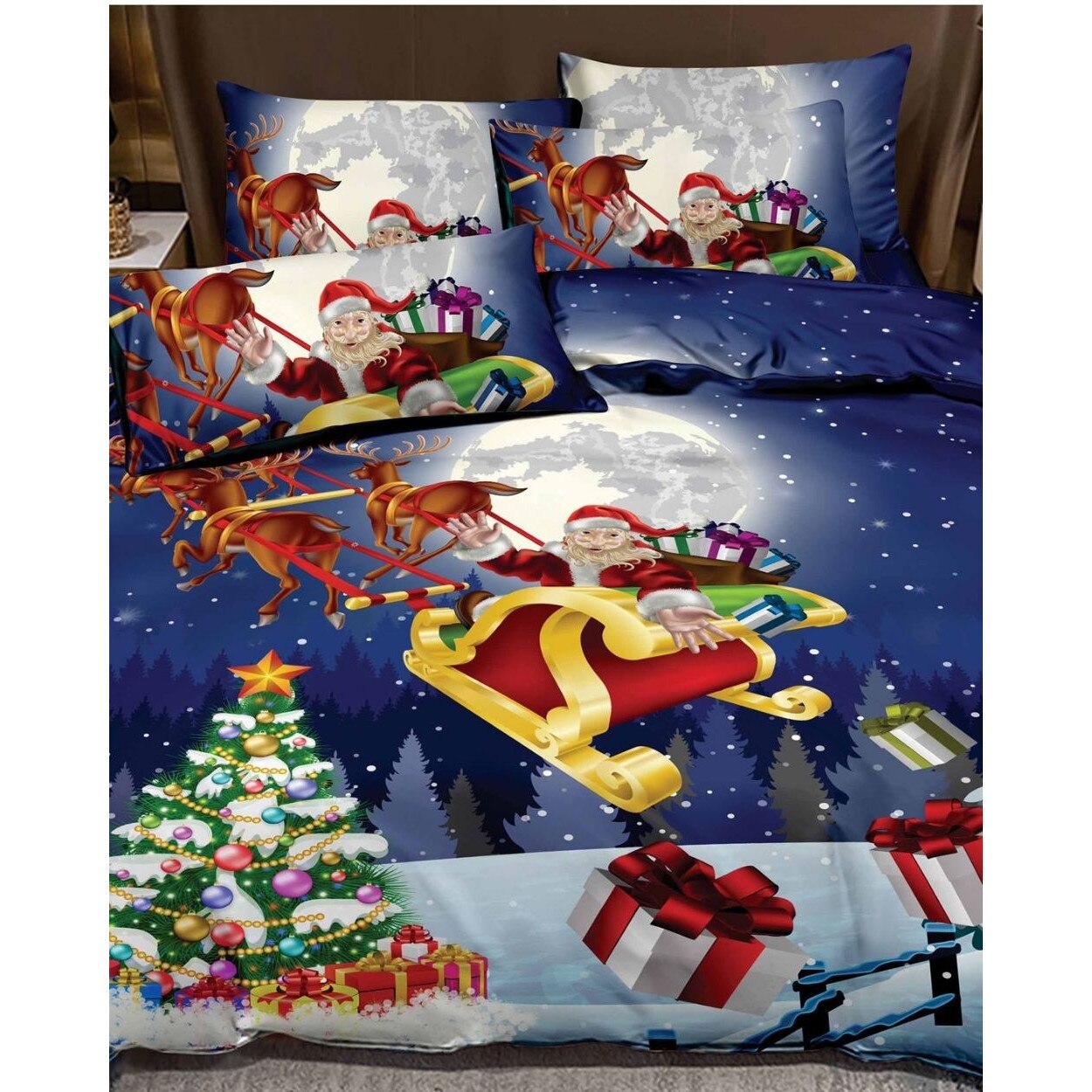 Set Lenjerie Finet Mos Craciun, 6 Piese, Pat 2 Persoane, Santa In The Sky, FNFC-07