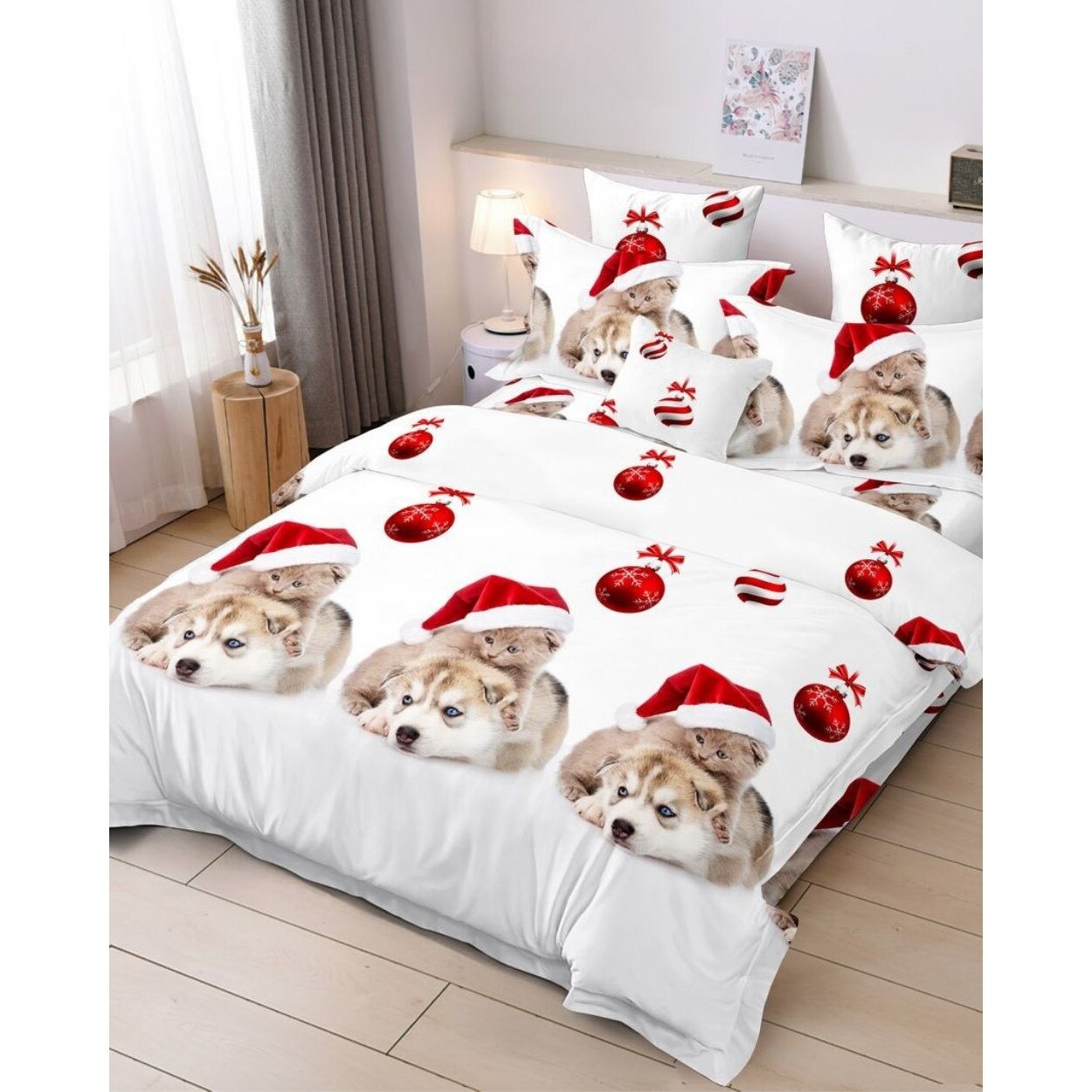 Set Lenjerie Finet Mos Craciun, 6 Piese, Pat 2 Persoane, Awaiting Christmas, FNFC-10