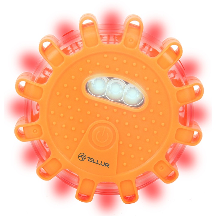 Авариен сигнал за кола и LED фенерче Tellur Basic, Магнитна основа, Водоустойчив, 3 x AAA, 360 градуса видимост, Оранжев