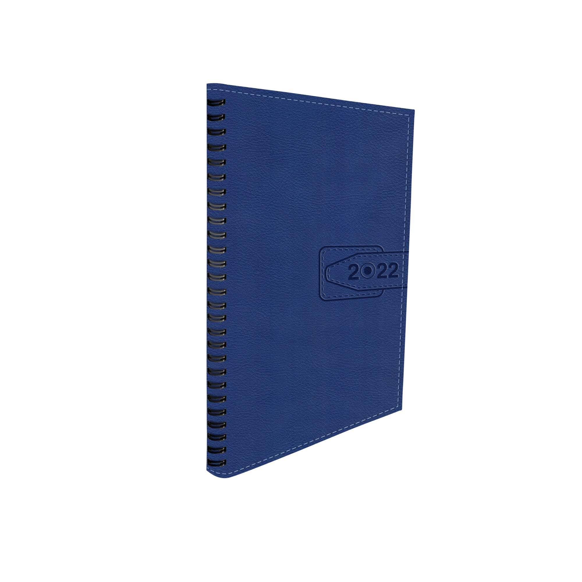 Agenda A5 datata 2022 coperta flexibila din piele ecologica albastra cusuta perimetral cu an imprimat in relief si buzunar interior