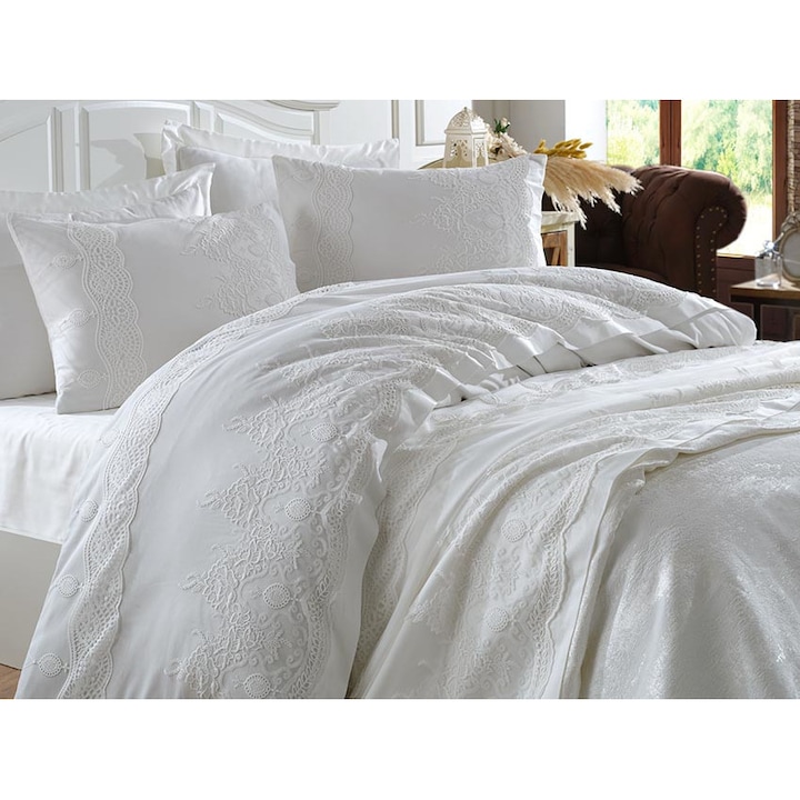 Комплект спално бельо с апликирана бродерия, кувертюра и спално бельо, лукс, 200x220 / 50x70, 100% памук