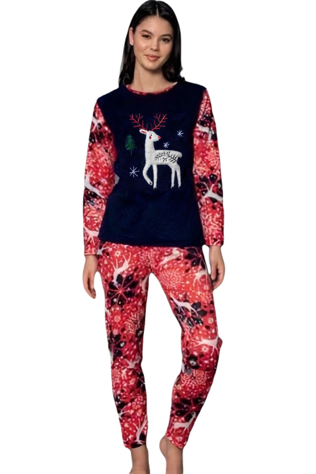 Pijama dama cocolino, pufoasa cu imprimeu Ren Craciun 1239, Rosu