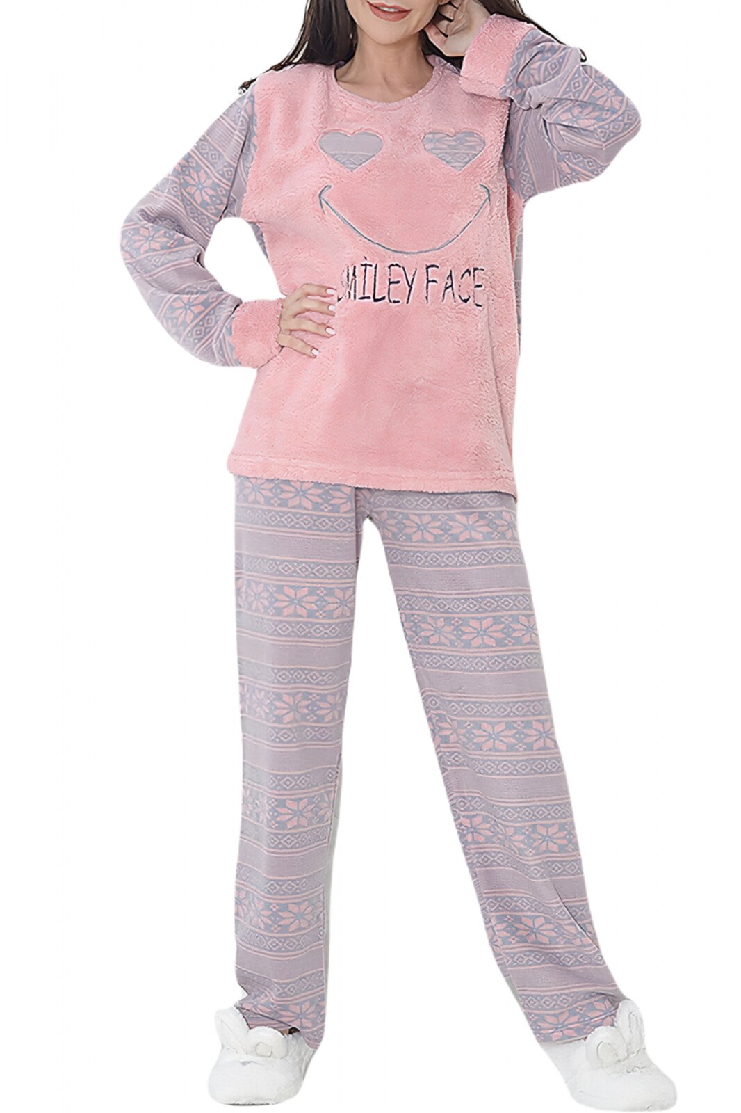 Pijama dama cocolino, pufoasa cu imprimeu Smiley 1247, Roz