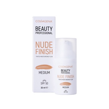 Fluid cu protectie solara Nude Finish SPF 50+, Collagena, Medium color, cu Colagen, Hialuronic acid si Aquaxyl, pentru toate tipurile de ten, 30 ml Fluid cu protectie solara Nude Finish SPF 50+, Collagena, Medium color, cu Colagen, Hialuronic acid si Aquaxyl, pentru toate tipurile de ten, 30 ml