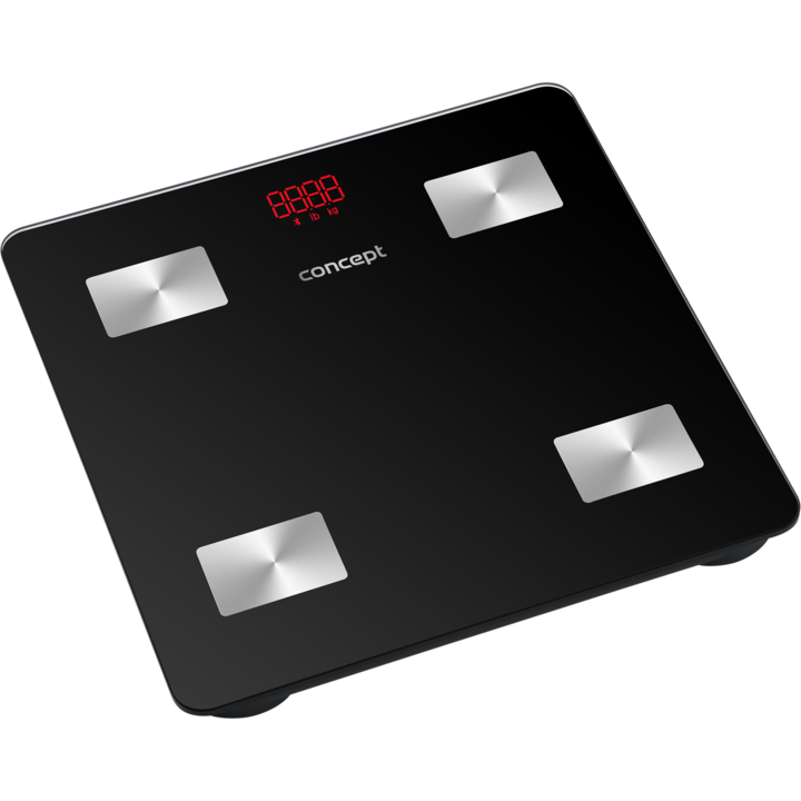 Кантар Concept VO4001, Диагностика, С приложение за iOS & Android, 180 кг, LED дисплей, Измерва 13 параметъра, Минимална измервана стойност 0.2 кг, BMI, BMR, Черен