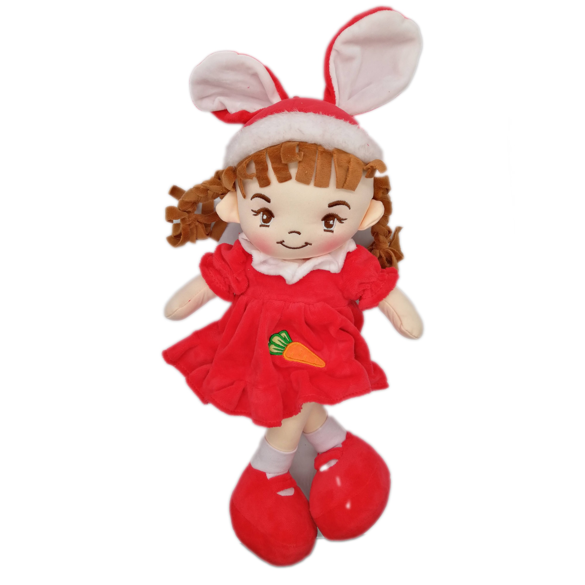 Papusa de Plus ADA, 40cm, in rochita rosie cu iepuras, care canta in limba romana 