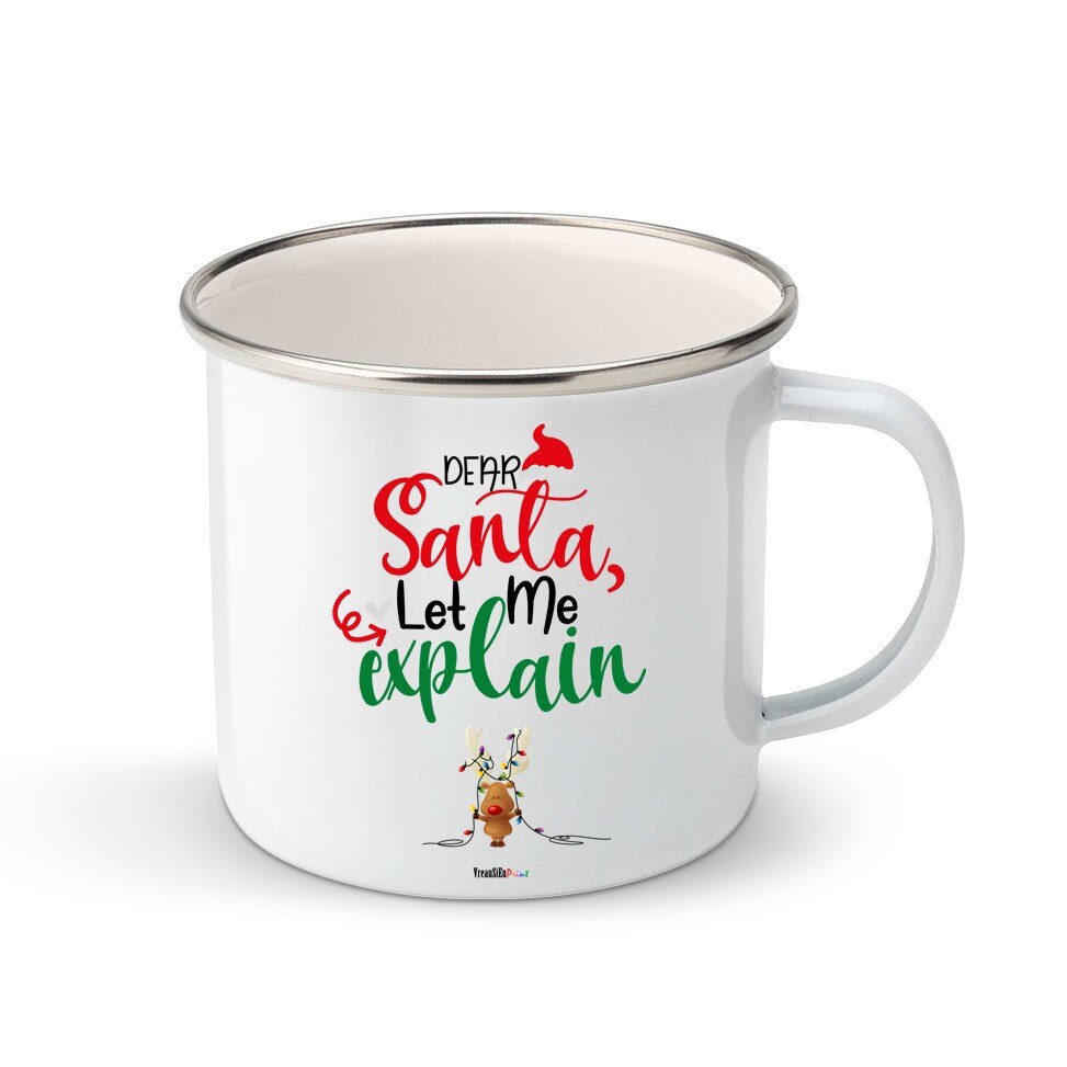 Cana metalica cu email, personalizata pentru Craciun, cu mesajul 