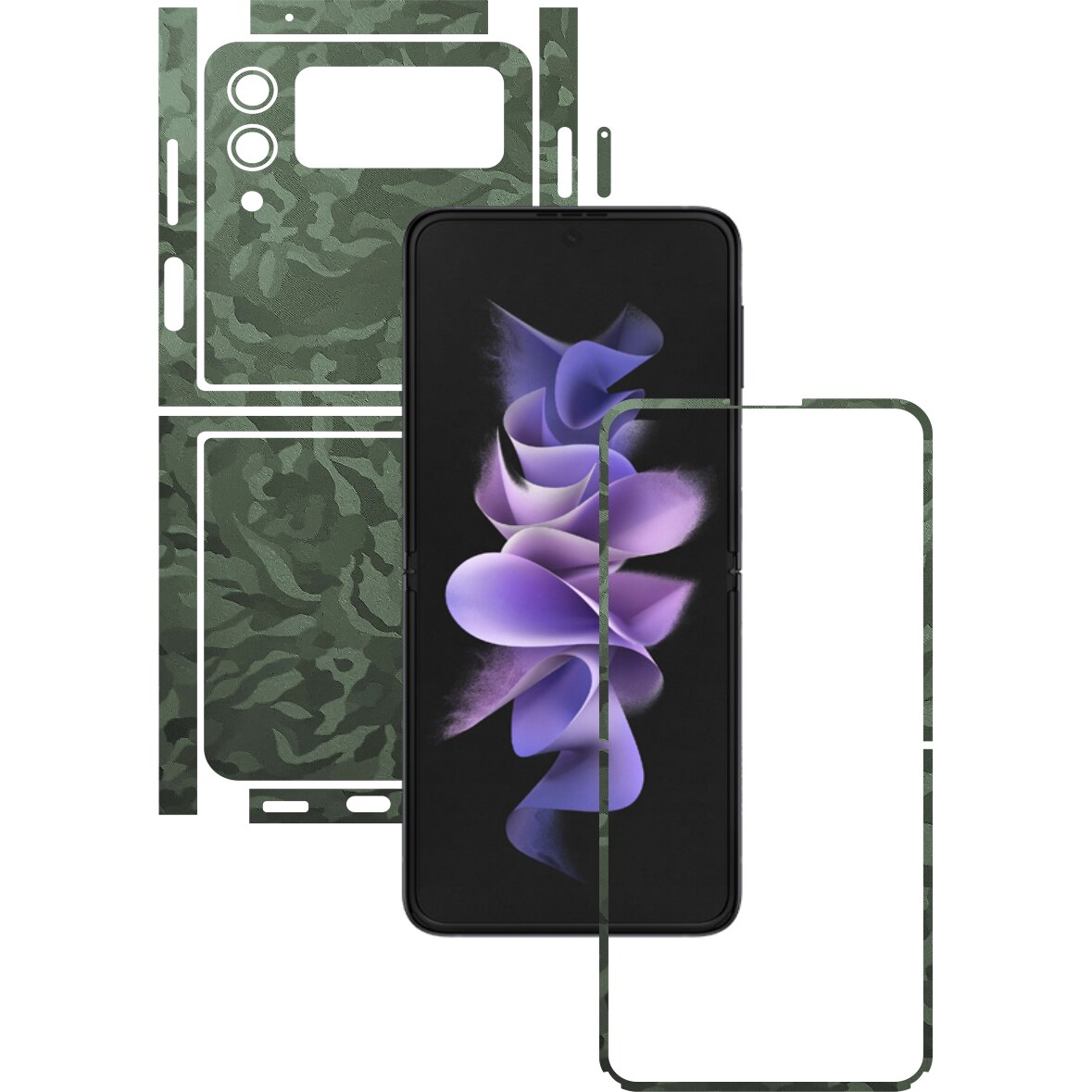 Folie Protectie Carbon Skinz pentru Samsung Galaxy Z Flip3 5G - Camo Verde Military Green Shadow Split Cut, Skin Adeziv Full Body Cover pentru Rama Ecran, Carcasa Spate si Laterale