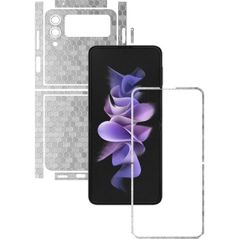 Folie Protectie Carbon Skinz pentru Samsung Galaxy Z Flip3 5G - Honeycomb Argintiu Silver Split Cut, Skin Adeziv Full Body Cover pentru Rama Ecran, Carcasa Spate si Laterale