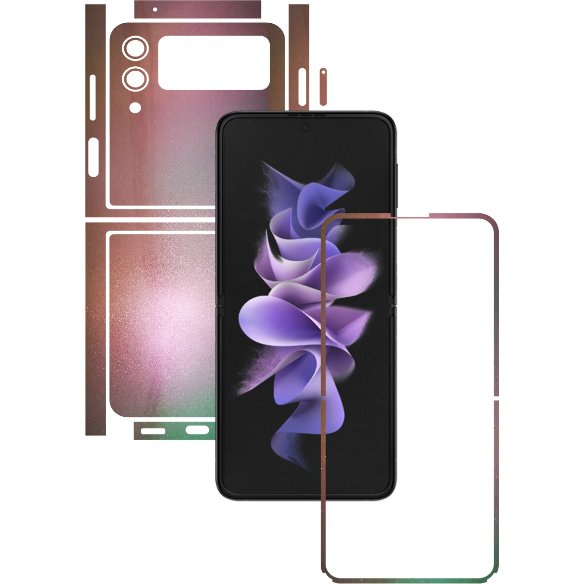 Folie Protectie Carbon Skinz pentru Samsung Galaxy Z Flip3 5G - Color Shift Pearl Simphony Split Cut, Skin Adeziv Full Body Cover pentru Rama Ecran, Carcasa Spate si Laterale