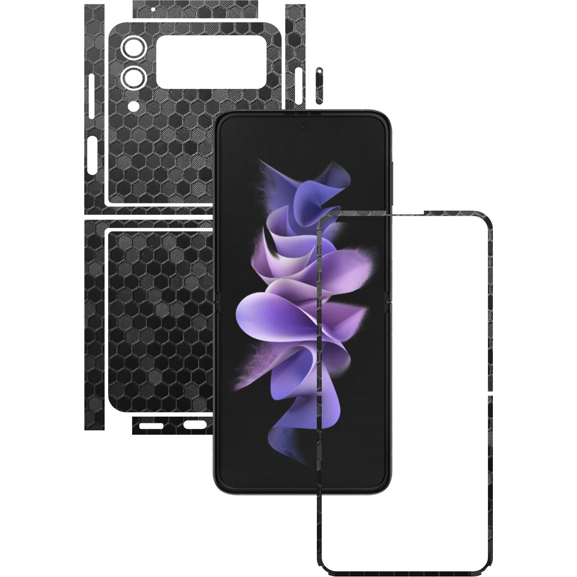 Folie Protectie Carbon Skinz pentru Samsung Galaxy Z Flip3 5G - Honeycomb Negru Black Split Cut, Skin Adeziv Full Body Cover pentru Rama Ecran, Carcasa Spate si Laterale