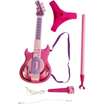 Chitara Electrica roz cu stativ, microfon de scena cu 2 moduri de redare si ochelari, ATS, pentru fete Chitara Electrica roz cu stativ, microfon de scena cu 2 moduri de redare si ochelari, ATS, pentru fete