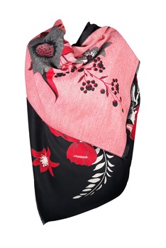 Sal dama, cu doua fete, negru/rosu, model floral, dimensiune 190x65 cm Sal dama, cu doua fete, negru/rosu, model floral, dimensiune 190x65 cm