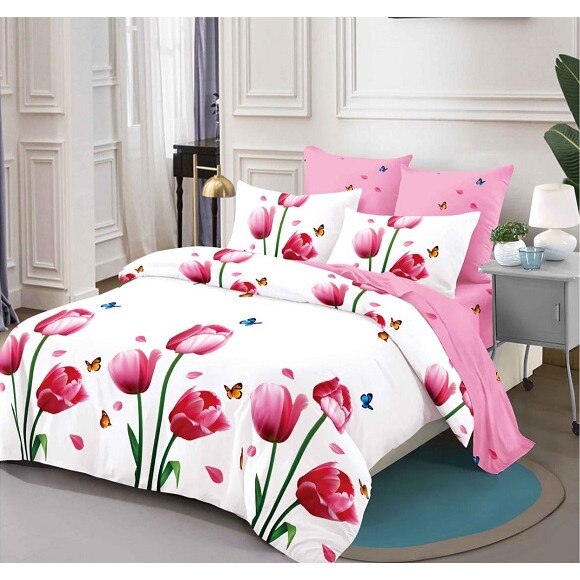 Set 6 piese Lenjerie Relax Shop, Six Lalele roz, 2 persoane