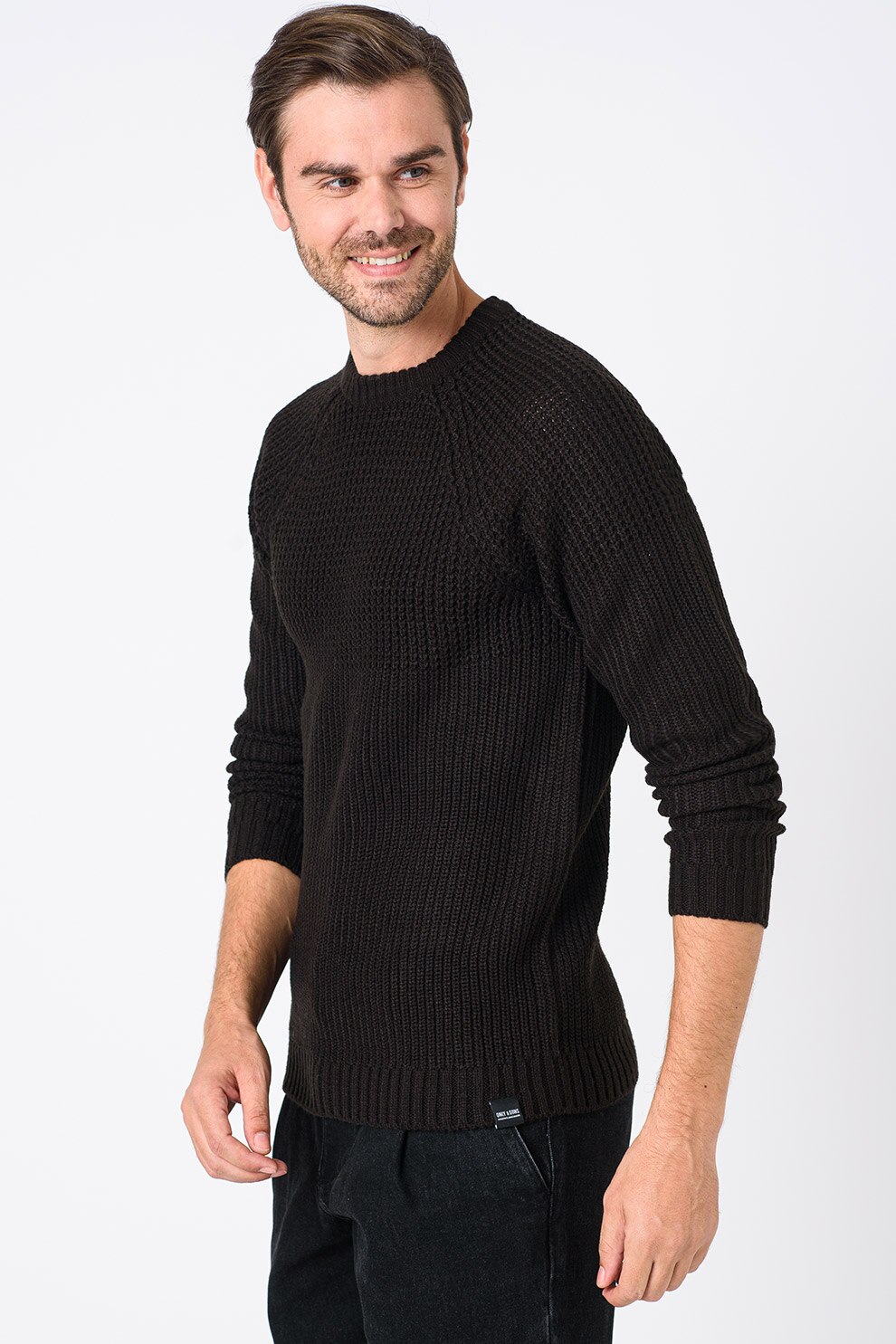 Only & Sons, Pulover cu decolteu la baza gatului si maneci raglan Kelvin, Negru