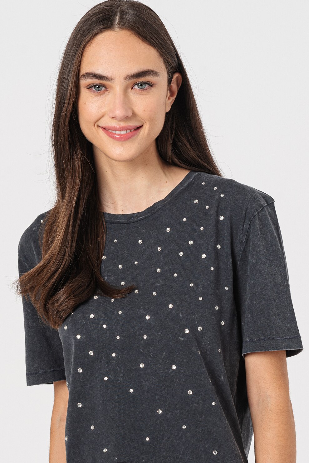 Only, Tricou din bumbac organic decorat cu strasuri Line, Gri inchis